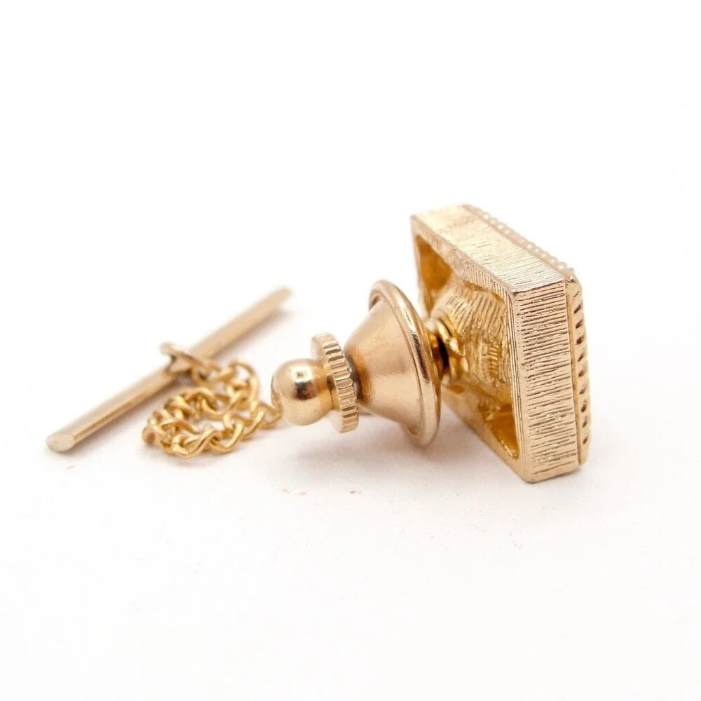 Vintage Swank Blue Aquamarine Crystal Gold Tone Square Rope Border Men Tie Tack
